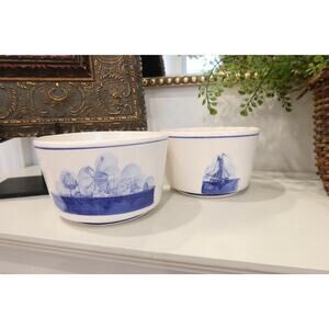 Set of 2 Vintage Delft Blue & White Bowl Planters Windmill & Sailboat Taiwan